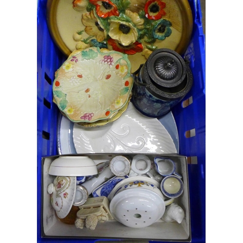 1286B - Two boxes of china including a wall plaque, a salad drainer and a modern blue and white biscuit barr... 