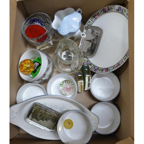 1286B - Two boxes of china including a wall plaque, a salad drainer and a modern blue and white biscuit barr... 