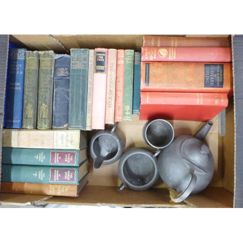 1288A - A box of books including Rudyard Kipling, W. Somerset Maugham, J. Fenimore Cooper, etc., two baby's ... 