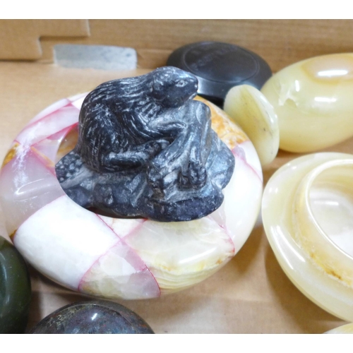 1288F - Agate eggs, glass paperweights, onyx ashtray, pestle and mortar, serpentine lighthouse, etc. **PLEAS... 