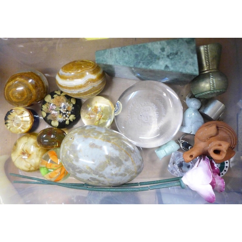 1288F - Agate eggs, glass paperweights, onyx ashtray, pestle and mortar, serpentine lighthouse, etc. **PLEAS... 