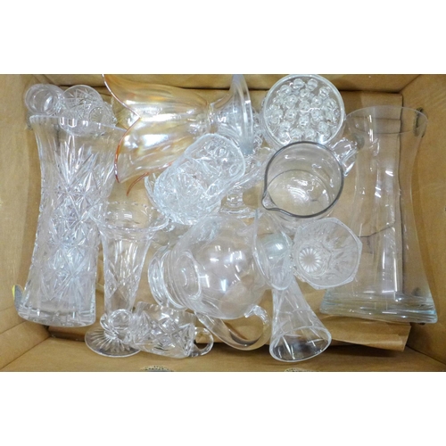 1288G - Four boxes of mixed glass, vases, punch bowl and glasses, crystal glasses, heavy cut glass fruit bow... 