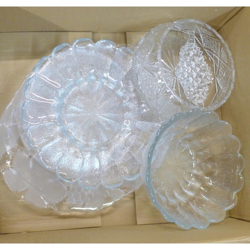 1288G - Four boxes of mixed glass, vases, punch bowl and glasses, crystal glasses, heavy cut glass fruit bow... 