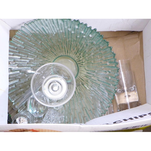 1288G - Four boxes of mixed glass, vases, punch bowl and glasses, crystal glasses, heavy cut glass fruit bow... 