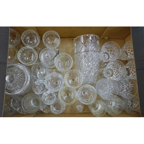 1289A - Two boxes of crystal, including two decanters, three vases, wines, whisky, sherry and other glasses ... 