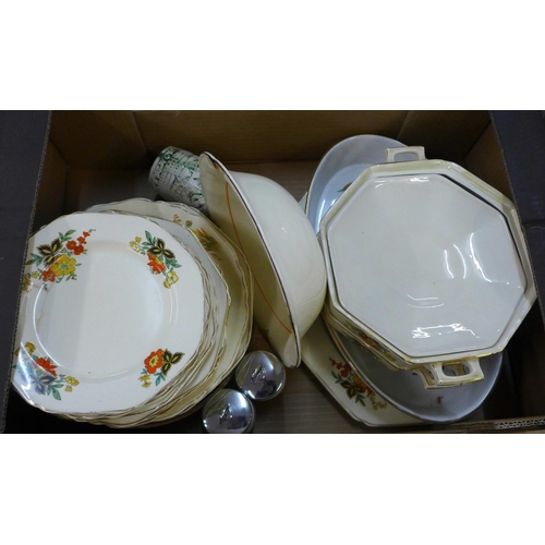 1289B - Two boxes of Art Deco dinnerwares, J & G Meakin Florida Sol, Woods Ivory ware, etc. **PLEASE NOTE TH... 