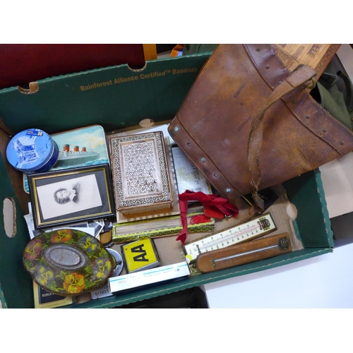 1290 - An Anglo-Indian cigarette box, three tins, two AA badges, two thermometers, Casio calculator, Sanyo ... 