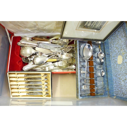 1291A - Two boxes of assorted items, pictures, pewter, Dickens books, flatware, china **PLEASE NOTE THIS LOT... 