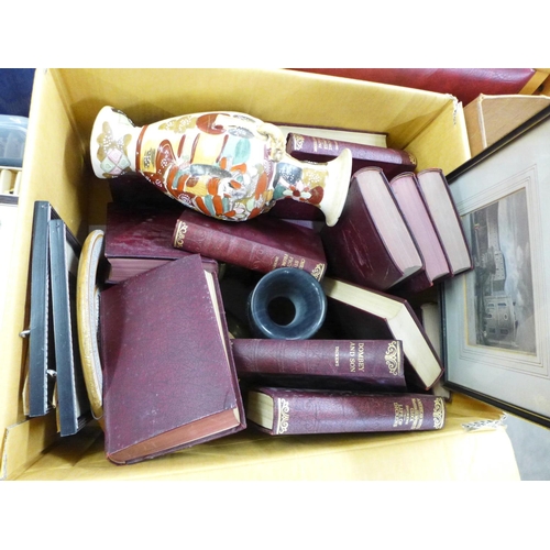 1291A - Two boxes of assorted items, pictures, pewter, Dickens books, flatware, china **PLEASE NOTE THIS LOT... 