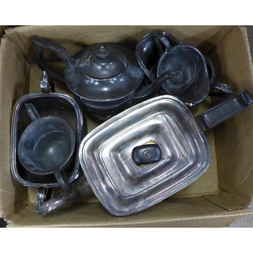 1292 - Five boxes of assorted items, plated ware, carved wooden items, a Leonardo model kestrel, etc. **PLE... 