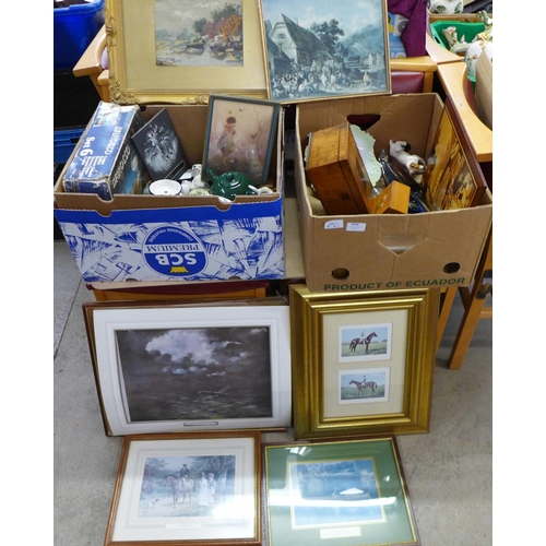 1293 - A collection of prints and a tapestry picture, and two boxes of assorted  items, three boxes, china ... 