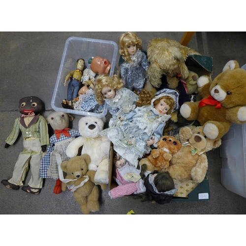 1300 - A box of soft toys and plastic dinosaur figures and two composition dolls in parts, a Woody doll (no... 