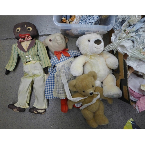 1300 - A box of soft toys and plastic dinosaur figures and two composition dolls in parts, a Woody doll (no... 