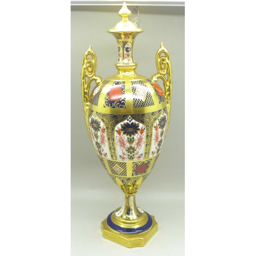 708 - A Royal Crown Derby 1128 pattern urn, 30cm