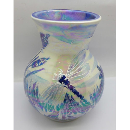 722 - An Anita Harris studio pottery vase in the blue and white lustre Dragonfly design, 13.5cm, signed in... 