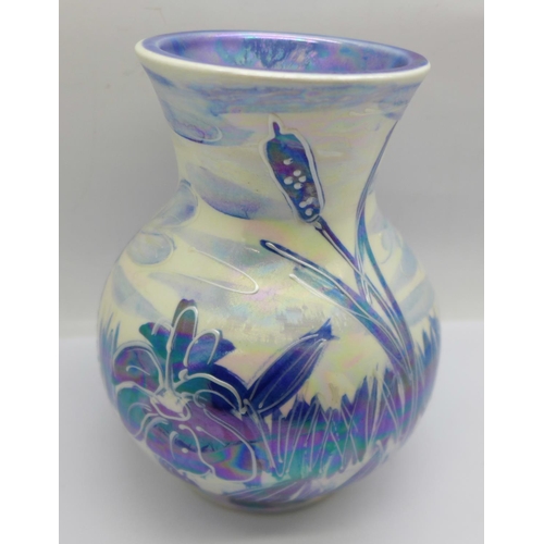 722 - An Anita Harris studio pottery vase in the blue and white lustre Dragonfly design, 13.5cm, signed in... 