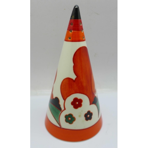 723 - A Wedgwood Bizarre by Clarice Cliff Centenary collection conical sugar shaker in the 'Farmhouse' des... 