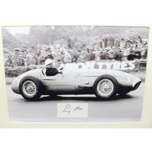 756 - A framed photograph and autograph of Sir Stirling Moss in a 1954 Maserati