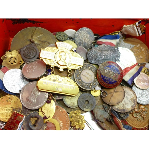 757 - Approximately 200 medallions, coins, badges, etc., and a cash box