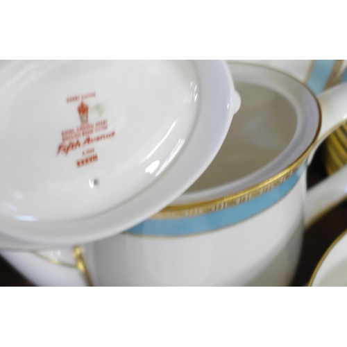 759 - A Royal Crown Derby Fifth Avenue tea set with teapot, cream, sugar and cake plate, one cup a/f (seve... 