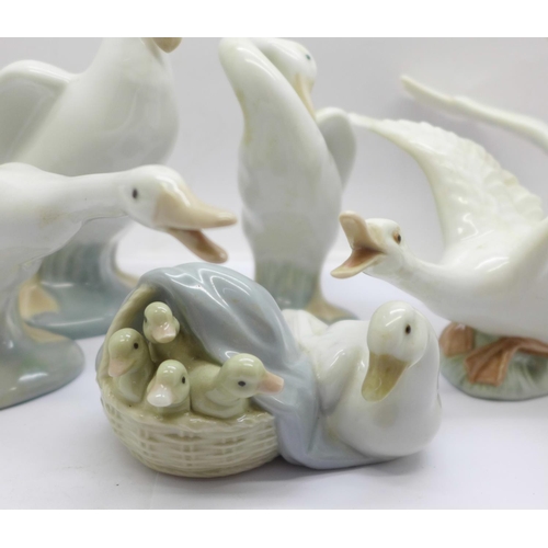 766 - Six figures of geese, five Lladro and one Nao