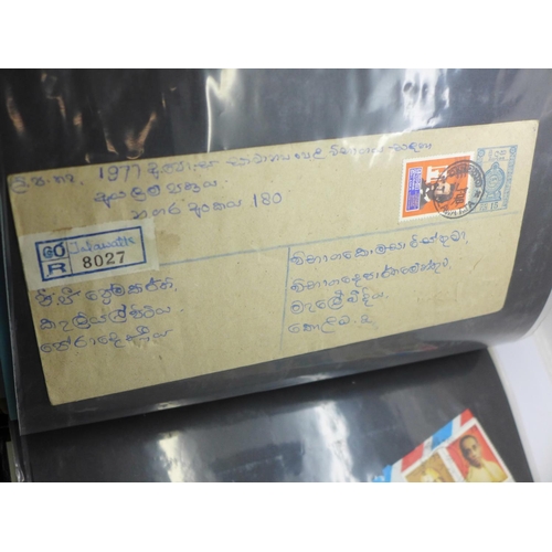 776 - Stamps:- Ceylon/Sri Lanka postal history and stamps in album, 30 covers and good range of stamps