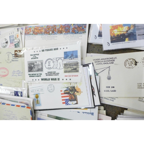 813 - A box of first day covers, all either military, naval, submarines, aircraft, some signed (100's)