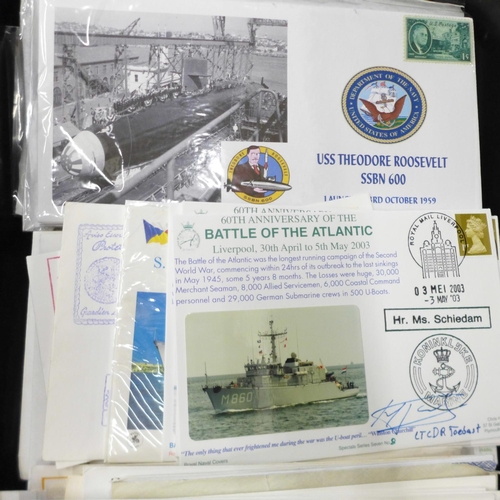 813 - A box of first day covers, all either military, naval, submarines, aircraft, some signed (100's)