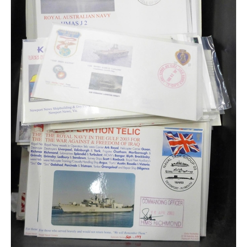 813 - A box of first day covers, all either military, naval, submarines, aircraft, some signed (100's)