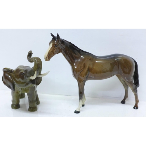 830 - A Beswick horse, a Royal Dux elephant, a/f, two other Beswick horses, a/f, a shire horse and two oth... 