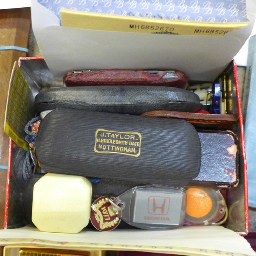 831 - A box of assorted items, a collar box, a 1950's motor fuel ration book, a pair of scissors, a leathe... 