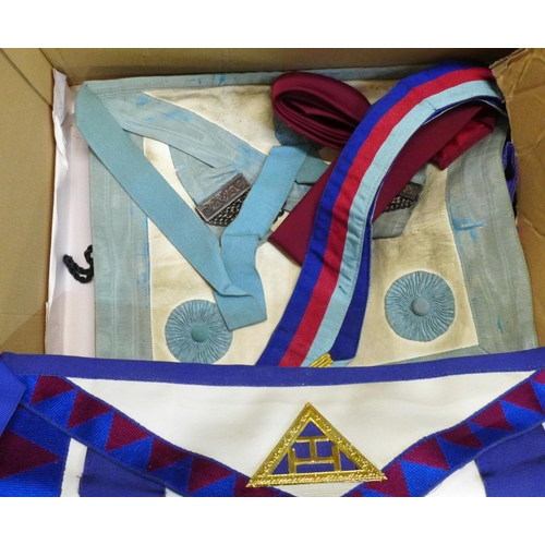 866 - A box of Masonic regalia, ties, rule books, etc.