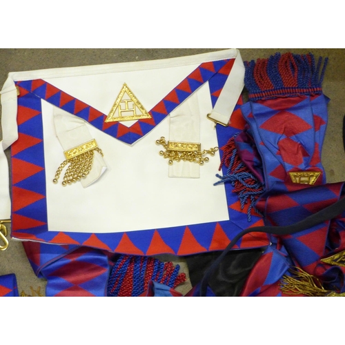 866 - A box of Masonic regalia, ties, rule books, etc.