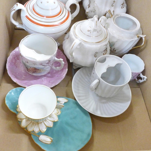 878 - A collection of c.1900 china including tea pots, two moustache cups and saucers including Surrender ... 