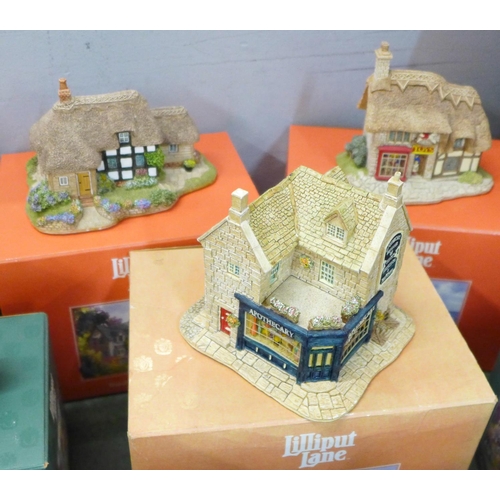 882 - Fourteen Lilliput Lane cottages, all boxed, most with certificates, including Apothecary, Thimble Co... 