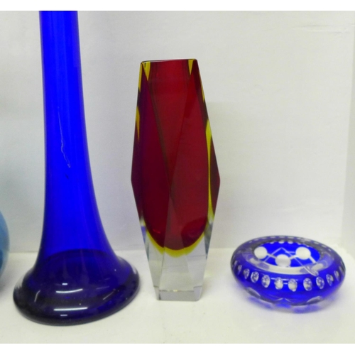 890 - Four glass vases and an ashtray