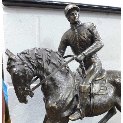 894 - A bronze figure of a horse and jockey, after Pierre Jules Mene, width of base 46cm