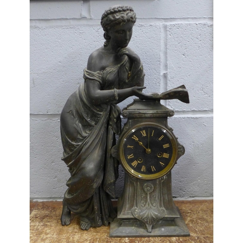 905 - An Art Nouveau spelter figural clock, 45cm