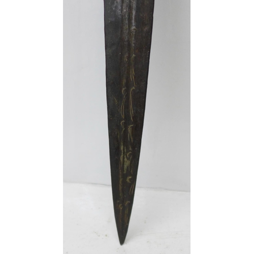 912 - An African tribal sword with wooden handle, etched blade, blade 75cm