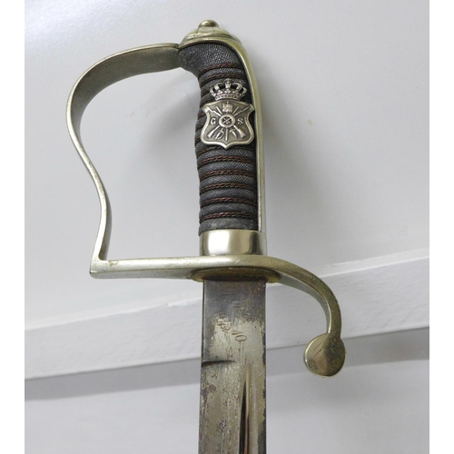 913 - An Infantry officer's sword with scabbard, the grip with crowned cypher, the blade marked Magasin Du... 