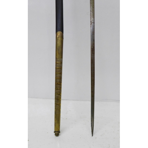 918 - A continental sword with leather and brass scabbard, gilt brass handle, length of blade 79cm