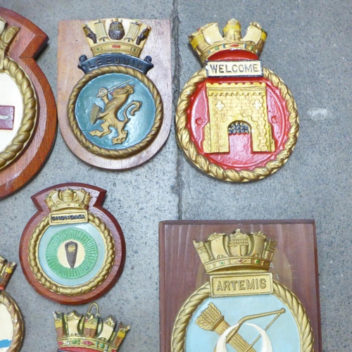 927 - Sixteen Coat of Arms plaques, plaster and metal, including Royal Air Force St. Athan Station and Har... 