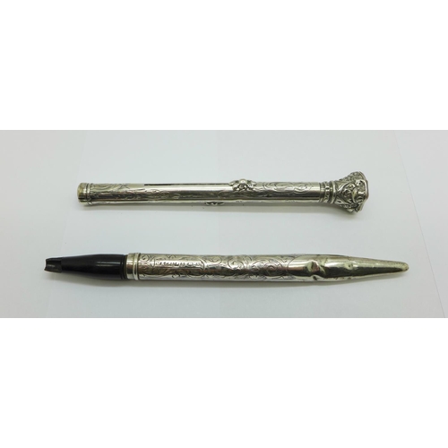 967 - A silver dip pen holder, a/f, and a white metal push pencil and dip pen combination