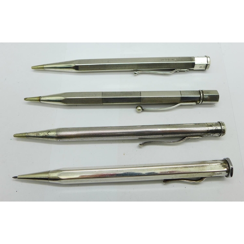 969 - Four silver pencils including two Yard-O-Led, one with inscription