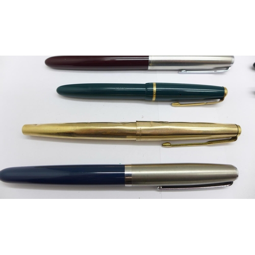 973 - Nine Parker pens; No.61 with rolled gold case, a/f, dented, Lady Duofold, Slimfold with 14ct gold ni... 