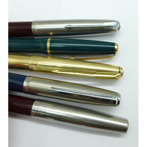 973 - Nine Parker pens; No.61 with rolled gold case, a/f, dented, Lady Duofold, Slimfold with 14ct gold ni... 