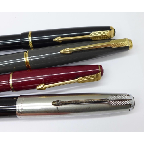 973 - Nine Parker pens; No.61 with rolled gold case, a/f, dented, Lady Duofold, Slimfold with 14ct gold ni... 