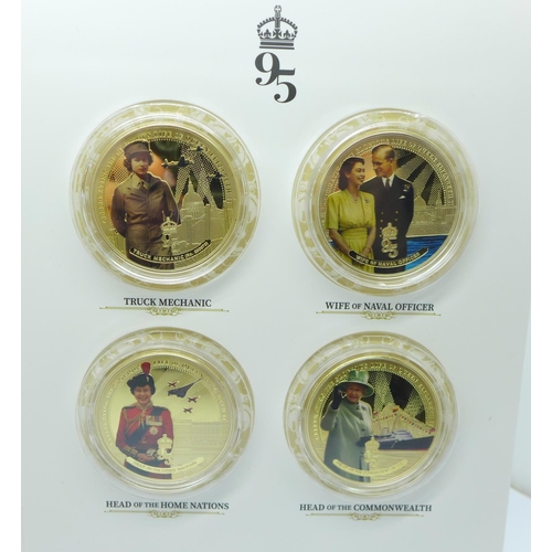 977 - Queen Elizabeth II, 95 Glorious Years, 95th Birthday four coin 24-carat gold plated proof-like colle... 