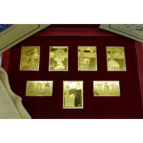 984 - A cased set of silver gilt replica postage stamps, The Coronation Issue 25th Anniversary, number 340... 