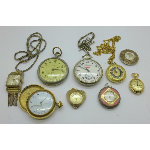 989 - Three pocket watches, including one USSR with locomotive on the case back and six pendant/fob watche... 